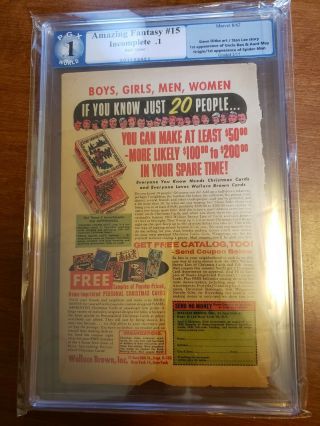 Fantasy 15 1st Appearance Of Spider - Man - Back Cover Only Pgx Incomplete