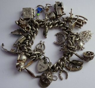 Fantastic Heavy Vintage Solid Silver Charm Bracelet & 26 Charms.  Rare,  Open,  Move