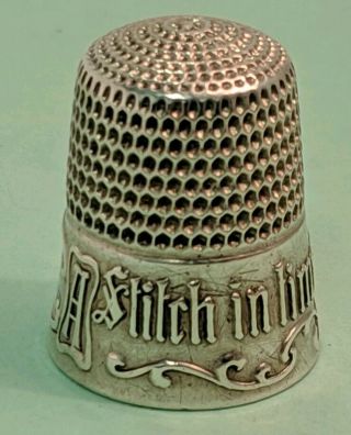 Antique Simon Bros Sterling Silver A Stitch In Time Saves Nine Thimble / Size 9
