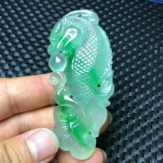 Chinese Ice Green Jadeite Jade Handwork Collectible Fortune Dragon Fish Pendant