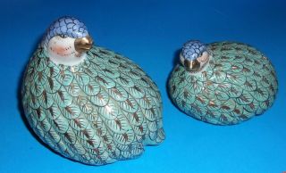 Mother/baby Ceramic Quail Figurines In Seafoam Green/blue/gilt Gold Detail