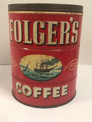 VINTAGE FOLGERS COFFEE CAN Key wind 2 lb TIN Folger ' s Ships Boats 1946 Diner 3