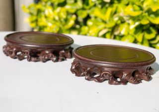 2 Chinese Antique Carved Wood Stand Base Vase Bowl Pierced Openwork