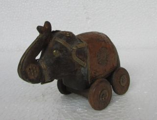 Vintage Old Handcarved Copper Brass Fitted Wooden Elephant On Wheel Statue