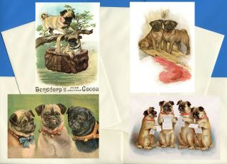 Pug Pack Of 4 Vintage Style Dog Print Greetings Note Cards 1