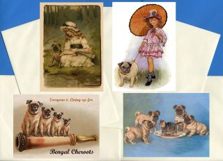 Pug Pack Of 4 Vintage Style Dog Print Greetings Note Cards 6