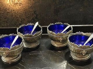 Vintage Cobalt Blue And Silver Plate Salt Cellars With Sterling Salt Spoons