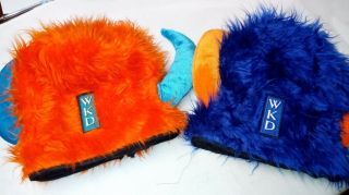 Two Wkd Furry Fun Hats With Horns - One Orange & One Blue - Breweriana