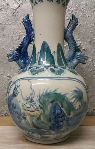 Antique Chinese Porcelain Large Vase with Handles Blue Dragons - Hand Painted 2
