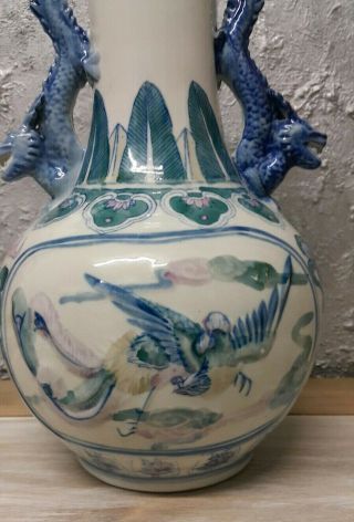 Antique Chinese Porcelain Large Vase with Handles Blue Dragons - Hand Painted 5