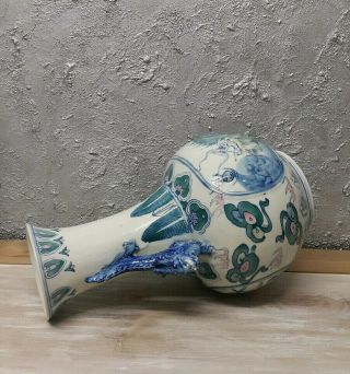Antique Chinese Porcelain Large Vase with Handles Blue Dragons - Hand Painted 6
