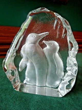 Penguin Mother And Baby Crystal Figurine,  Engraved,  4 