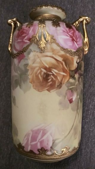Antique Nippon White Porcelain " Yellow Rose " Vase Gold Trim 8 " Tall W/ Jewels 