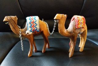 Vintage Wooden Folk Art Camel Caravan Figurines 2 Camels With Saddle