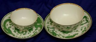 GRADUATED PAIR ANTIQUE CHINESE PORCELAIN BOWLS & SAUCERS - GREEN DRAGON PAINTING 2