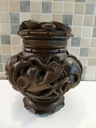 Antique Chinese Wooden Lidded Pot Finely Carved With Dragons In High Relief