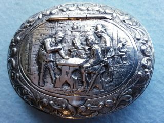 Large Solid Silver Antique High Relief Oval Swiss Snuff Box Drinking/bar Scene