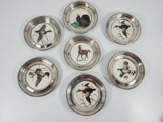 7 Frank M Whiting Sterling Silver Coasters Hand Painted On China Birds And Horse