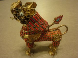 Vintage Nepal Tibetan Turquoise Coral Cabochons Bronze/brass Fu Foo Dog Lion