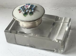 Antique Silver & Enamel Floral Glass Inkwell Pen Rest - 1920 H S Murdoch