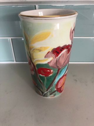 Starbucks Ceramic Travel Mug With Flowers Gold Rim 2014 10oz No Lid