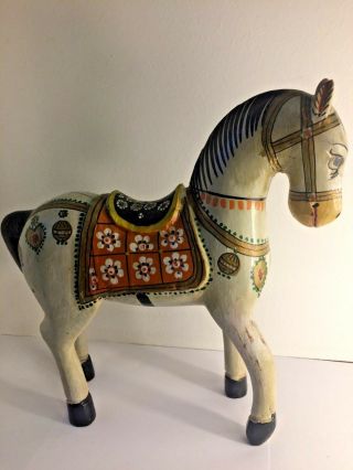 Antique Indian Wooden Horse Sculptured Painted Temple Toy Statue