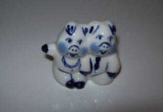 Vintage Gzhel Hand Painted Porcelain Figurine Pig / Little Pig / Piggy