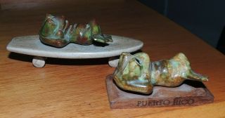 Set of 2 Happy Smiling Frog Ceramic Glazed Hand Painted Laying Figurine 3 