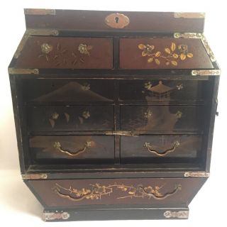 Antique Chinese Japanese Lacquered Wooden Miniature Cabinet Draws
