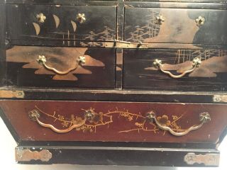 Antique Chinese Japanese Lacquered Wooden Miniature Cabinet Draws 8