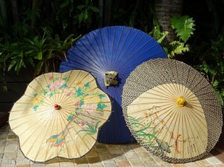 3 Vintage Oriental Umbrellas Inc Hand Painted Rice Paper Printed & Plastic
