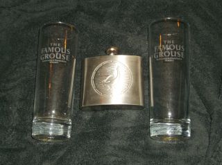 Pair Famous Grouse Whisky Glasses With Stainless Steel Hip Flask