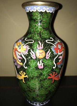 Vintage 8” Cloisonne Chinese Black Green Vase W Yellow Red Dragons Gold
