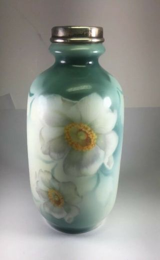 Antique Victorian 1913 Sterling Silver & Porcelain Teal Floral Vase Size 5.  5”h