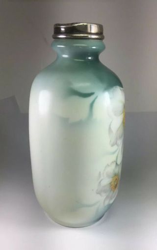 Antique Victorian 1913 Sterling Silver & Porcelain Teal Floral Vase Size 5.  5”h 3