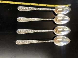 4 S.  Kirk & Son Inc Sterling Silver Floral Repousse Fruit Spoons 119g 6 1/4”