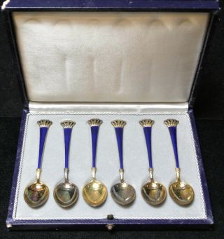 Vtg Ela Denmark.  925 Sterling Silver Set Of 6 Blue Enamel Demitasse Spoons W/box