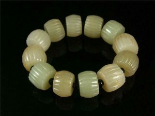 Fine Old Chinese Celadon Nephrite Jade Carved Bracelet Prayer Beads Drum Pattern