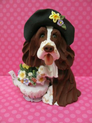 Handsculpted L/w English Springer Spaniel With Teapot Figurine