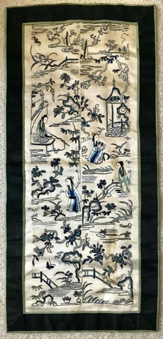Antique Chinese Hand Embroidered Silk Panel Decor People In Landscape