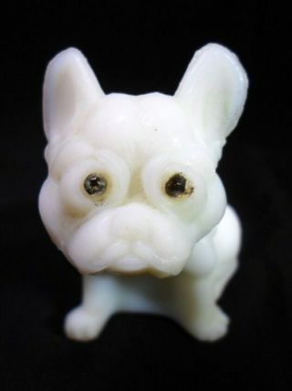 Antique Milk Glass French Bulldog Figurine - Rhinestone Eyes Gold Painted Collar