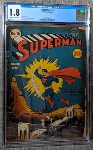 Superman 15 Cgc 1.  8 Dc Comics 1942 Classic Golden Age Fred Ray Cover