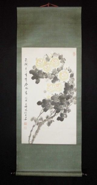 CHINESE PAINTING HANGING SCROLL ROSE ASIAN ART China Antique OLD VINTAGE INK e85 5