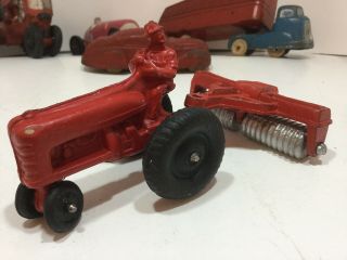 Vintage Auburn Hard Rubber Toy Farm Tractor Rake Plow Red 6.  5” Long Usa
