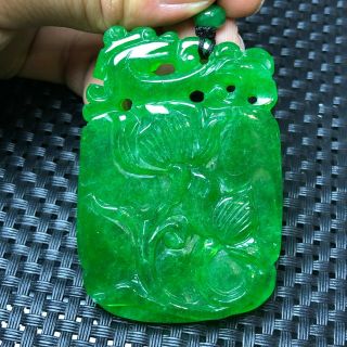 Collectible Chinese Green Jadeite Jade Handwork Lotus & Dragon Rare Luck Pendant