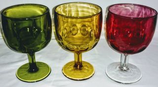 Vintage Colored Glass Goblets Thumbprint Set Of 3