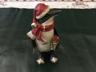 Penguin Figure Carved Wood Look Santa Christmas Holiday Shelf Figurine 8 In