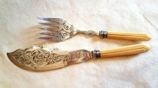 Antique Victorian Fish Serving Knife Fork Set Silver Plate - Beautifully Ornate