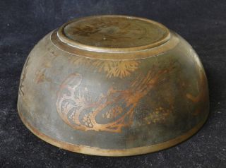 Antique 18th/19thC CHINESE Bronze Bowl - Calligraphy Prawn Crab Reeds MARKED 7