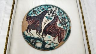 Antique Persian Handmade Hand Painted Tile Plaque 2 Animals
